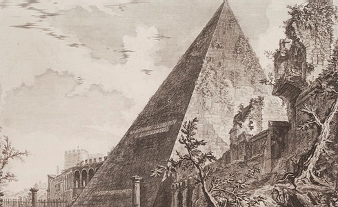 Pyramida Gaia Cestia z cyklu Římské veduty, 1761