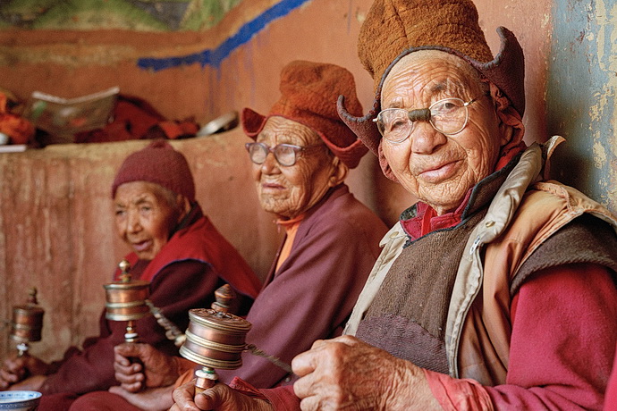 Elderly nuns of Pishu nunnery, Zanskar, India, 2014